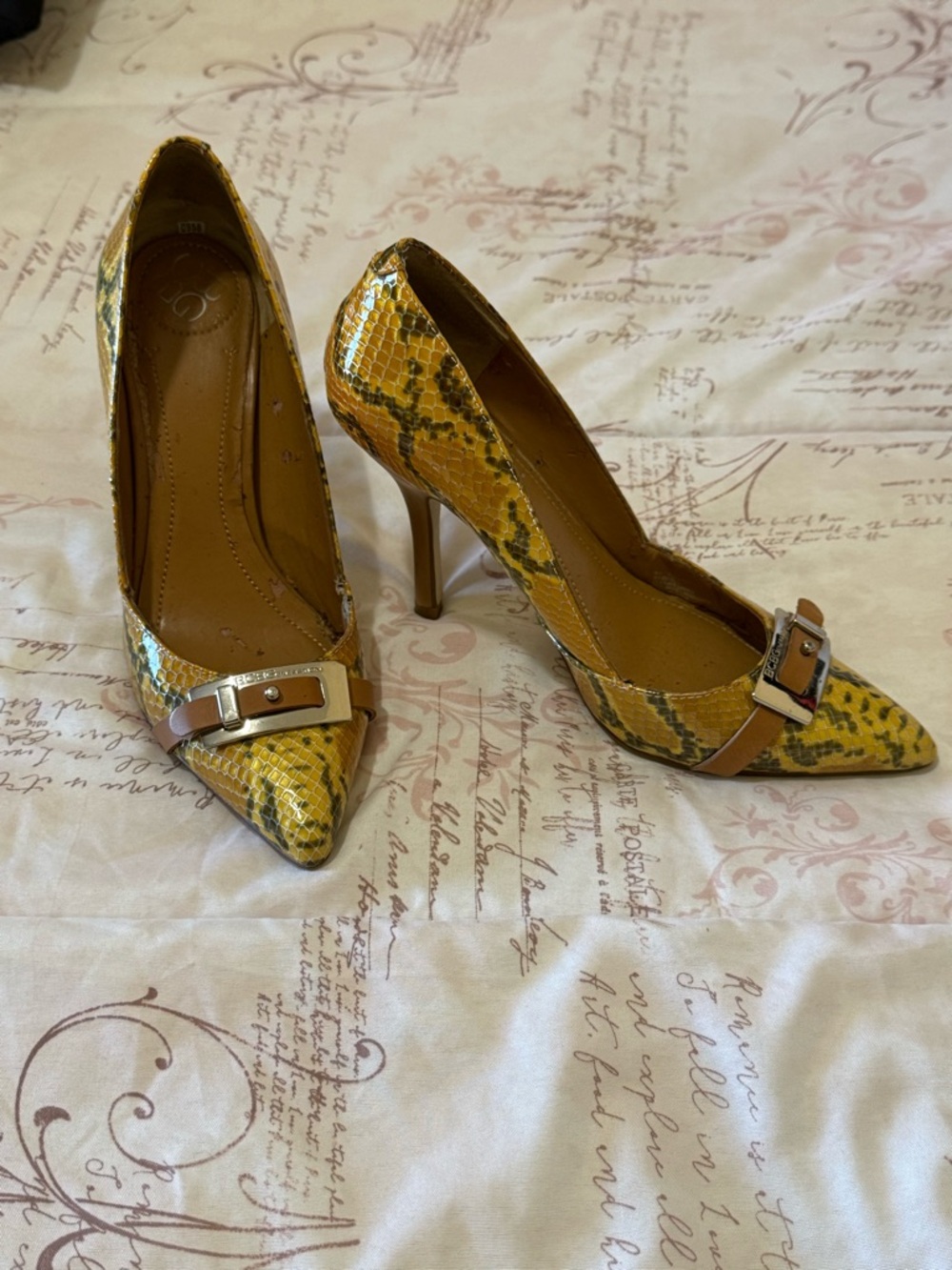 BCBGeneration Yellow Snake-Print Pointed Toe Heels with Buckle